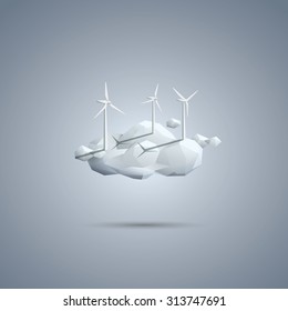 Wind energy symbol. Turbines on cloud. Environmental vector background. Ecology poster template. Eps10 vector illustration.