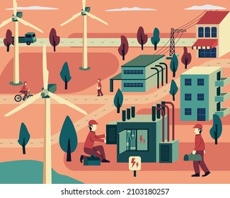 wind energy, the technician working maintetance electric transformer in graphic classic style