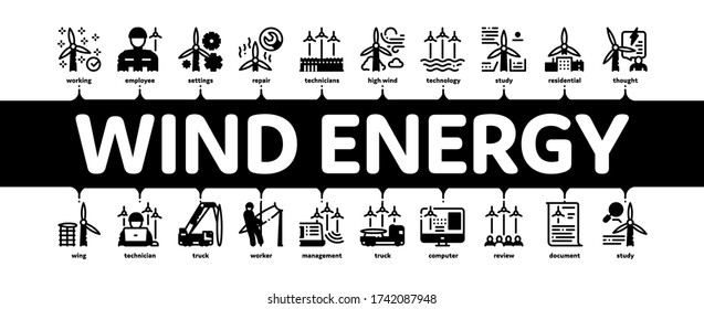 Wind Energy Technicians Minimal Infographic Web Banner Vector. Repair And Research, Delivery Details Truck And Installing Machine, Energy Industry Illustration