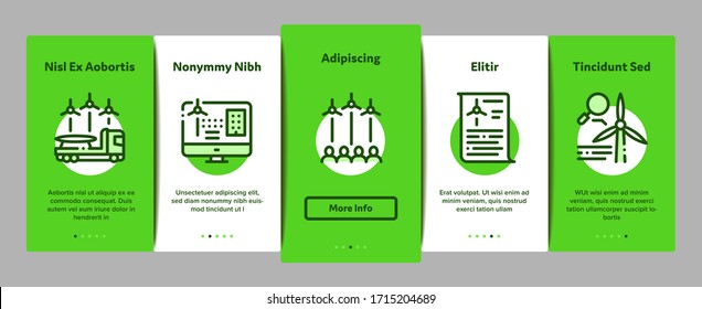 Wind Energy Technicians Onboarding Mobile App Page Screen Vector. Repair And Research, Delivery Details Truck And Installing Machine, Energy Industry Color Contour Illustrations