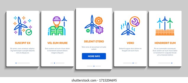 Wind Energy Technicians Onboarding Mobile App Page Screen Vector. Repair And Research, Delivery Details Truck And Installing Machine, Energy Industry Color Contour Illustrations