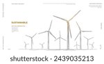 Wind Energy. Wind turbine farm. Sustainable or Green power concept. Polygonal wireframe vector illustration. Windmill in digital low poly sketch style with connected dots, lines on white background. 