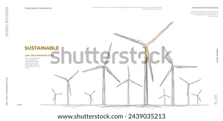 Wind Energy. Wind turbine farm. Sustainable or Green power concept. Polygonal wireframe vector illustration. Windmill in digital low poly sketch style with connected dots, lines on white background. 