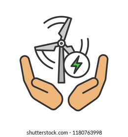 Wind energy turbine in hands color icon. Clean energy. Renewable resource. Isolated vector illustration