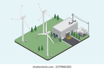 wind energy, wind turbine power plant, wind farm isometric graphic