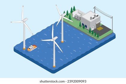 wind energy, wind turbine power plant, wind farm isometric graphic