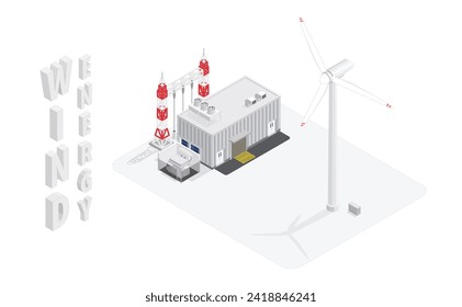wind energy, wind turbine power plant, wind farm isometric graphic