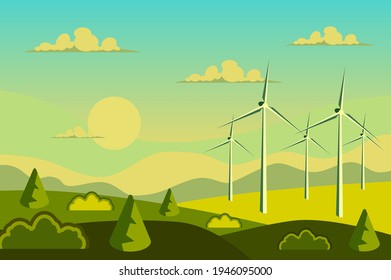 Wind energy turbines in field landscape background in flat cartoon style. Green energy concept, alternative power farm at meadow. Hills with trees. Nature scenery. Vector illustration of web banner