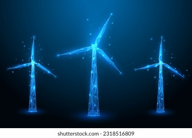 Wind energy. Wind turbines. Polygonal windmill. Renewable alternative sources of electric energy. Low poly wireframe design. Vector illustration EPS10