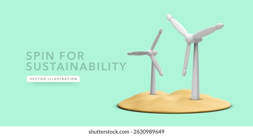 Wind Energy Turbines Representing Clean Power, Sustainability, and Eco-Friendly Renewable Resources in 3D Minimal Style on Sandy Terrain. Ideal for Green Energy Projects. Vector Illustration.