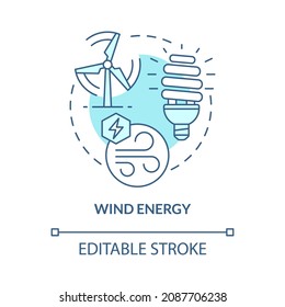 Wind Energy Turquoise Blue Concept Icon. Green Technology. Renewable Energy Abstract Idea Thin Line Illustration. Isolated Outline Drawing. Editable Stroke. Roboto-Medium, Myriad Pro-Bold Fonts Used