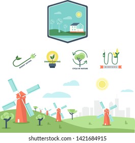 Wind energy vector badge. Nature and ecology related vector illustration in flat style. Alternative energy source provides energy to the house. 