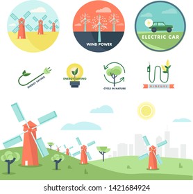 Wind energy vector badge. Nature and ecology related vector illustration in flat style. Alternative energy source provides energy to the house. 