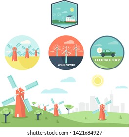 Wind energy vector badge. Nature and ecology related vector illustration in flat style. Alternative energy source provides energy to the house. 