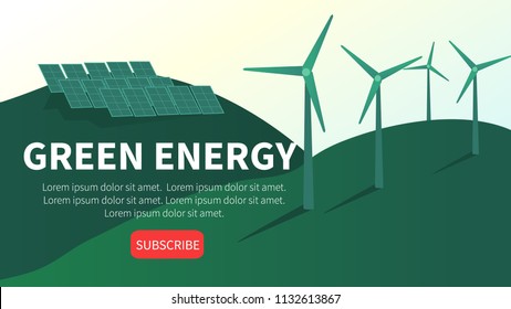 Wind Energy Vector Banner Illustration. Solar Panels. Wind Energy Farm. Bio Energy Vector Concept. Vector Illustration