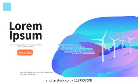 Vektorbanner-Illustration für Windenergie. Sonnenkollektoren. Windkraftanlage. Bio-Energie-Vektorkonzept. Vektorgrafik