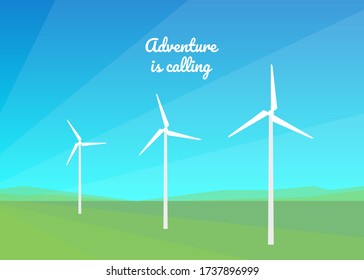 Wind energy. Windmills generate wind energy. Clean environmental energy for the planet. Eco background. Landscape of green field and blue sky. Abstract flat design. Travel, ecotourism, adventure.