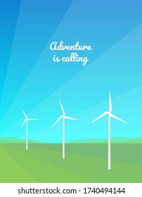 Wind energy. Windmills generate wind energy. Clean environmental energy for the planet. Eco background. Landscape of green field and blue sky. Abstract flat design. Travel, ecotourism, adventure.
