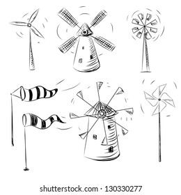 Wind facilities set. Hand drawn sketch illustration isolated on white background