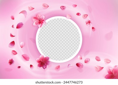 Wind with falling sakura petals isolated on pink background.