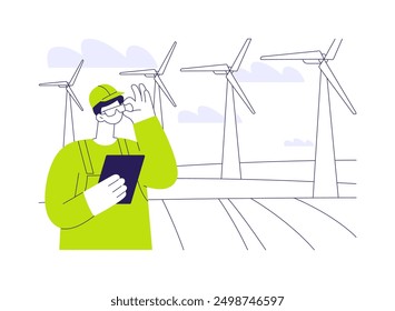 Wind farm abstract concept vector illustration. Engineer standing near wind turbine farm, ecology environment, sustainable technology, renewable energy, power station abstract metaphor.