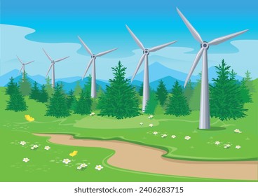 A wind farm along a country road with a rural landscape in the background. Green energy. Protection of ecology and environment. Horizontal vector illu