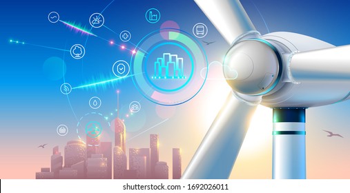 
Wind farm close up. silhouette town on sunset. smart city green energy concept.  alternative electricity communication with urban infrastructure. Illustration of windmill or electric generator.