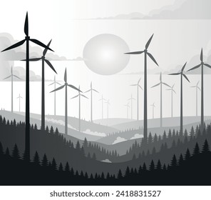 Wind farm in the countryside. Wind turbines. Natural landscape, forest of wind turbines in countryside black and white vector. Renewable energy vector design.