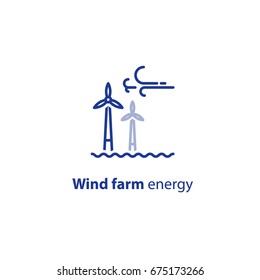 Wind Farm Energy Concept, Offshore Wind Turbines, Green Electricity Vector Line Icon