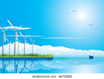  Wind farm in grass over blue sky with birds