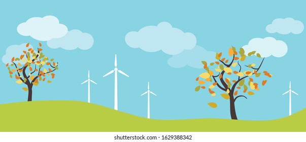 Wind farm in green fields among trees. Ecological or environmental background for presentations, websites and infographics. Simple design drawing