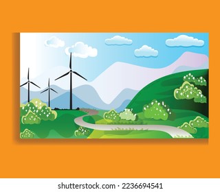 Wind farm in green fields among trees. Ecology environmental background for presentations, websites, and infographics. 