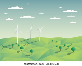 Wind farm in green fields among trees. Ecology environmental background for presentations, websites, infographics. Modern 3D low polygonal design. Eps10 vector illustration.