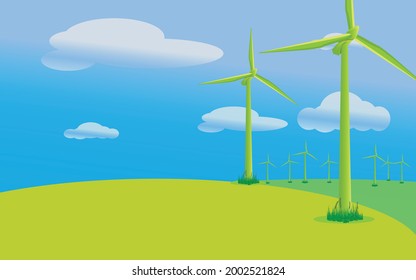 wind farm in green fields. Landscape view of mountain range with many windmills in the wind farm on the mountain in summer sunshine with clear blue sky day.