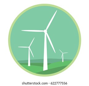 Wind farm landscape circle, with wind turbines, green hills and green sky