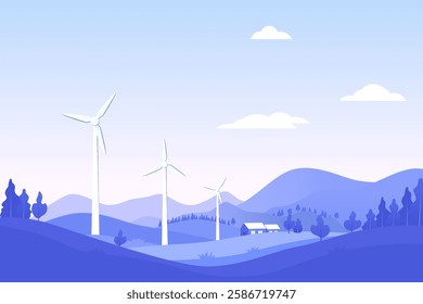 Wind farm landscape with fields, hills, wind turbine and house with solar panels. Wind power station. Green and renewable energy concept. Clean ecological electricity.