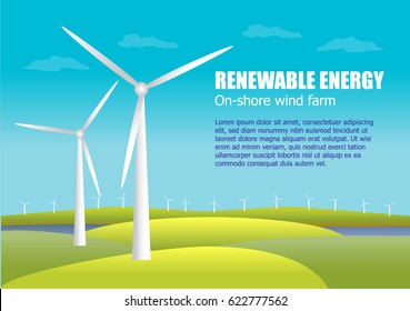 Wind farm landscape with text layout, wind turbines, green hills and blue sky with a gradient.