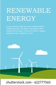 Wind farm landscape text layout, with wind turbines, green hills, blue sky and clouds