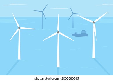 Wind farm locating in shallow water flat color vector illustration. Renewable energy generation. Producing electricity. Deep-water location 2D cartoon landscape with ocean windmills on background