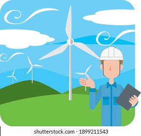 Wind farm and male worker