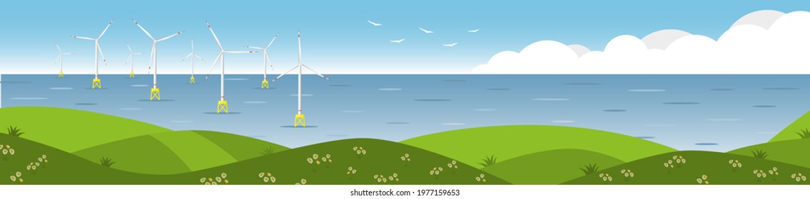 Wind farm offshore. Sea wind turbines. Seascape with offshore wind generators. Long horizontal banner. Flat vector illustration.