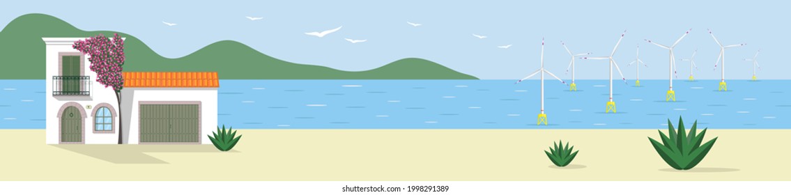 Wind farm offshore. Sea wind turbines. Seascape with offshore wind generators and a house. Long horizontal banner. Flat vector illustration.