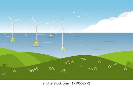 Wind farm offshore. Seascape with offshore wind generators. Horizontal banner. Flat vector illustration.