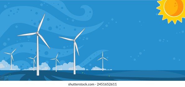 Wind farm, offshore wind turbines, wind towers, renewable energy sources - vector illustration	