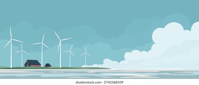 Wind farm on the seashore. Beautiful landscape vector illustration of a wind power plant on the seashore. Concept of eco-friendly renewable energy.