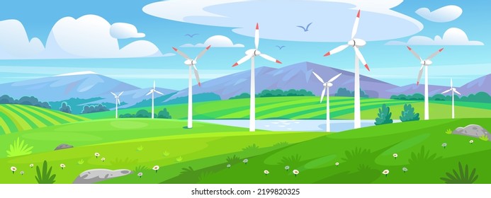 A wind farm or power plant in the field near the lake and mountains in summer. Wind turbines of a power station generate eco-friendly and sustainable electricity. Cartoon style vector illustration.