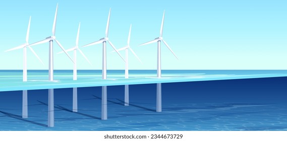 Wind farm power. Renewable energy. Electricity production. Alternative technology. Sea landscape. Modern generator. Clean production. Air source. Windmill in water. Vector illustration