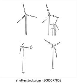 Der Windpark ist eine Reihe von Windkraftanlagen, die in der Umgebung für die Menschen mit erneuerbarer grüner Energie eingerichtet werden. EPS8 Vektorgrafik in einem skizzenhaften Stil, der das Drehbuch oder Tagebuch imitiert.