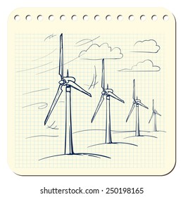 Wind farm is a series of wind generators set in the area to provide people with renewable green energy. EPS8 vector illustration in a sketchy style imitating scribbling in the notebook or diary. 