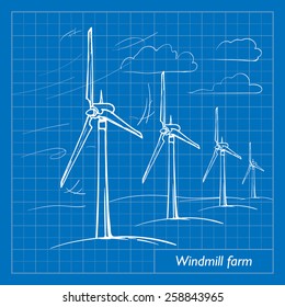 Wind farm is a series of wind generators set in the area to provide people with renewable green energy. EPS10 vector illustration imitating blueprint style scribbling with white marker.